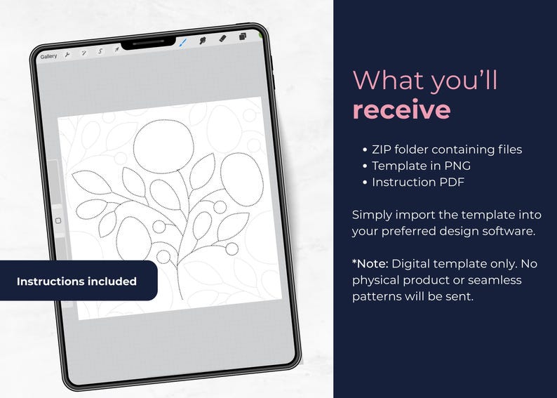 Peut inclure: Un mod&egrave;le num&eacute;rique affich&eacute; sur un &eacute;cran de tablette, pr&eacute;sentant un motif floral en noir et blanc. L'&eacute;cran affiche &eacute;galement le texte "Instructions incluses". Le texte sur le c&ocirc;t&eacute; droit indique "Ce que vous recevrez" et liste les fichiers inclus.