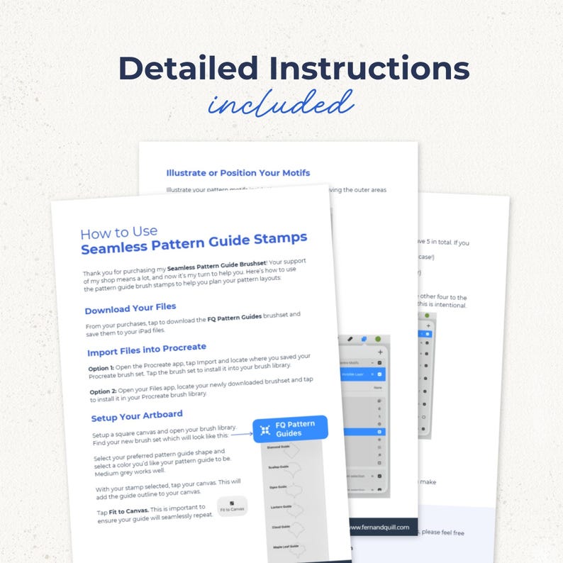 K&ouml;nnte beinhalten: Ein Satz wei&szlig;er Anleitungsdokumente mit dunkelblauem Text unter dem Titel How to Use Seamless Pattern Guide Stamps. Die Seiten enthalten eine Schritt-f&uuml;r-Schritt-Anleitung zum Herunterladen, Importieren und Einrichten digitaler Pinselsets.