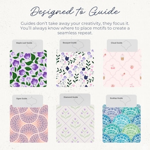 K&ouml;nnte beinhalten: Ein Set aus sechs Musterdesign-Vorlagen mit der Aufschrift Designed to Guide, darunter Maple Leaf, Bouquet, Cloud, Ogee, Diamond und Scallop Guides. Jede Vorlage zeigt ein einzigartiges sich wiederholendes Muster mit floralen Motiven.