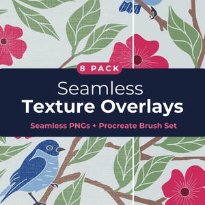 Puede incluir: Superposiciones de texturas sin costuras con un diseño floral y de pájaros. La imagen incluye flores rojas, hojas verdes y pájaros azules sobre un fondo claro. Un rectángulo azul oscuro muestra el texto "Seamless Texture Overlays".