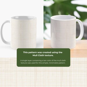 Puede incluir: Una taza de cer&aacute;mica blanca con un patr&oacute;n de textura de tela mull de color tostado. El dise&ntilde;o consiste en una cuadr&iacute;cula de l&iacute;neas finas que se cruzan, imitando la apariencia de una tela tejida. La taza tiene un asa est&aacute;ndar y un cuerpo cil&iacute;ndrico.