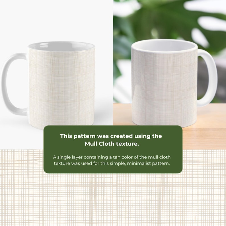 Puede incluir: Una taza de cer&aacute;mica blanca con un patr&oacute;n de textura de tela mull de color tostado. El dise&ntilde;o consiste en una cuadr&iacute;cula de l&iacute;neas finas que se cruzan, imitando la apariencia de una tela tejida. La taza tiene un asa est&aacute;ndar y un cuerpo cil&iacute;ndrico.