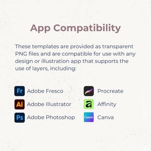 May include: An informational graphic titled App Compatibility stating that templates are transparent PNG files compatible with layer-supporting apps. It lists Adobe Fresco, Adobe Illustrator, Adobe Photoshop, Procreate, Affinity, and Canva with icons.