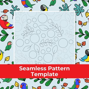 May include: A seamless pattern template featuring a light blue background with a repeating design of colorful parrots, green leaves, and autumn-colored foliage. The central square displays a dotted outline of circles and leaves for tracing.