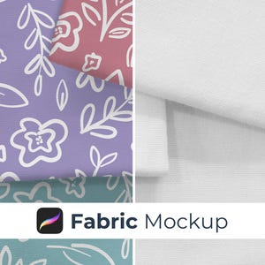 Puede incluir: Una muestra de tela que presenta tres muestras textiles distintas con un patrón floral y de hojas blanco dibujado a mano sobre fondos morado, rosa y verde azulado, junto con una muestra de tela blanca lisa. El texto Fabric Mockup es visible.