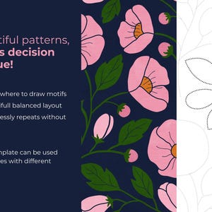 Peut inclure: Mod&egrave;le de design avec un fond bleu marine orn&eacute; de motifs floraux roses et de feuilles vertes. Le texte indique &laquo;&nbsp;De beaux motifs, moins de fatigue d&eacute;cisionnelle&nbsp;!&nbsp;&raquo; avec des puces sur les motifs et les mises en page.