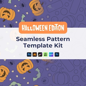 May include: A Halloween-themed seamless pattern template kit. The design features orange pumpkins, bats, spiders, and stars on a purple background. The text "HALLOWEEN EDITION" is displayed on an orange banner, with "Seamless Pattern Template Kit" below.