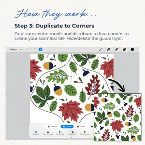 K&ouml;nnte beinhalten: Eine digitale Tutorial-Grafik mit dem Titel How They work... Step 3: Duplicate to Corners. Sie zeigt eine Software-Oberfl&auml;che mit einer wei&szlig;en Arbeitsfl&auml;che, die ein wiederkehrendes Muster aus roten, gr&uuml;nen und gelben Herbstbl&auml;ttern und Eicheln zeigt.