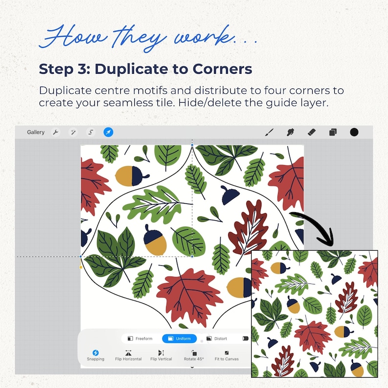 K&ouml;nnte beinhalten: Eine digitale Tutorial-Grafik mit dem Titel How They work... Step 3: Duplicate to Corners. Sie zeigt eine Software-Oberfl&auml;che mit einer wei&szlig;en Arbeitsfl&auml;che, die ein wiederkehrendes Muster aus roten, gr&uuml;nen und gelben Herbstbl&auml;ttern und Eicheln zeigt.