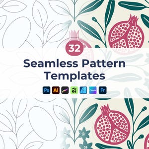 May include: A digital graphic featuring 32 Seamless Pattern Templates with text. The design displays pomegranate illustrations in pink and dark teal on a cream background, alongside dotted line outlines of leaves and fruit.