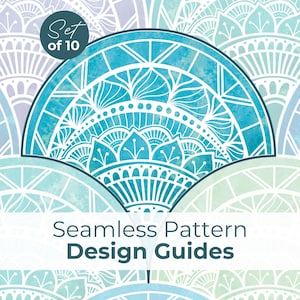 May include: A seamless pattern design guide with a teal and white fan-shaped design. The image features a watercolor effect with the text "Set of 10" and "Seamless Pattern Design Guides". The overall color scheme is teal, blue, and white.