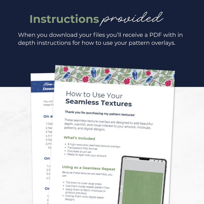 Puede incluir: Un documento de instrucciones digital titulado How to Use Your Seamless Textures, con un borde superior que presenta un patr&oacute;n de p&aacute;jaros azules y flores rojas. El texto detalla el uso de superposiciones de texturas sin costuras.