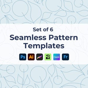 May include: A light blue background with a dotted floral pattern. A white rectangle contains the text "Set of 6 Seamless Pattern Templates" and icons for Photoshop, Illustrator, Procreate, Affinity, Canva, and Figma.