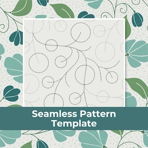 May include: A seamless pattern template featuring a central square with a black dotted line design of circles and curved stems on a light gray background, surrounded by a repeating botanical motif of teal and green leaves and flowers.