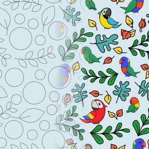 May include: A light blue background featuring a pattern of colourful parrots and leaves. The left side displays the design as a dotted outline, while the right side shows the fully coloured illustrations of various birds and foliage in vibrant tones.