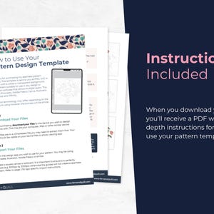 Peut inclure: Plusieurs feuilles blanches avec des instructions pour un mod&egrave;le de conception de motifs. Les papiers comportent du texte et un motif floral. Les mots "Instructions incluses" sont en rose sur fond bleu fonc&eacute;.