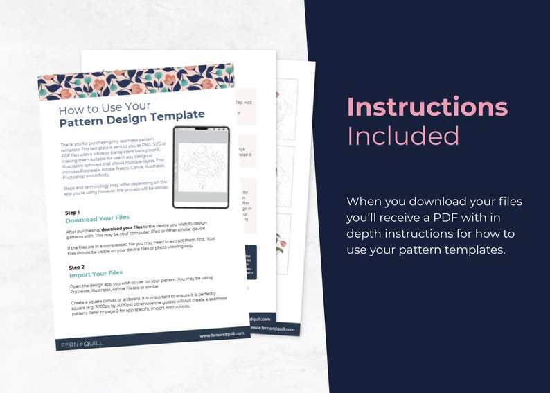 Peut inclure: Plusieurs feuilles blanches avec des instructions pour un mod&egrave;le de conception de motifs. Les papiers comportent du texte et un motif floral. Les mots "Instructions incluses" sont en rose sur fond bleu fonc&eacute;.