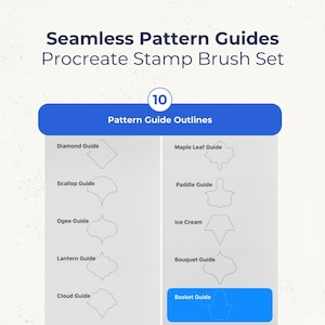 K&ouml;nnte beinhalten: Eine digitale Grafik mit dem Titel Seamless Pattern Guides Procreate Stamp Brush Set, die 10 Muster-Leitlinien zeigt. Die Liste enth&auml;lt die Leitlinien Diamond, Scallop, Ogee, Lantern, Cloud, Maple Leaf, Paddle, Ice Cream, Bouquet und Basket.