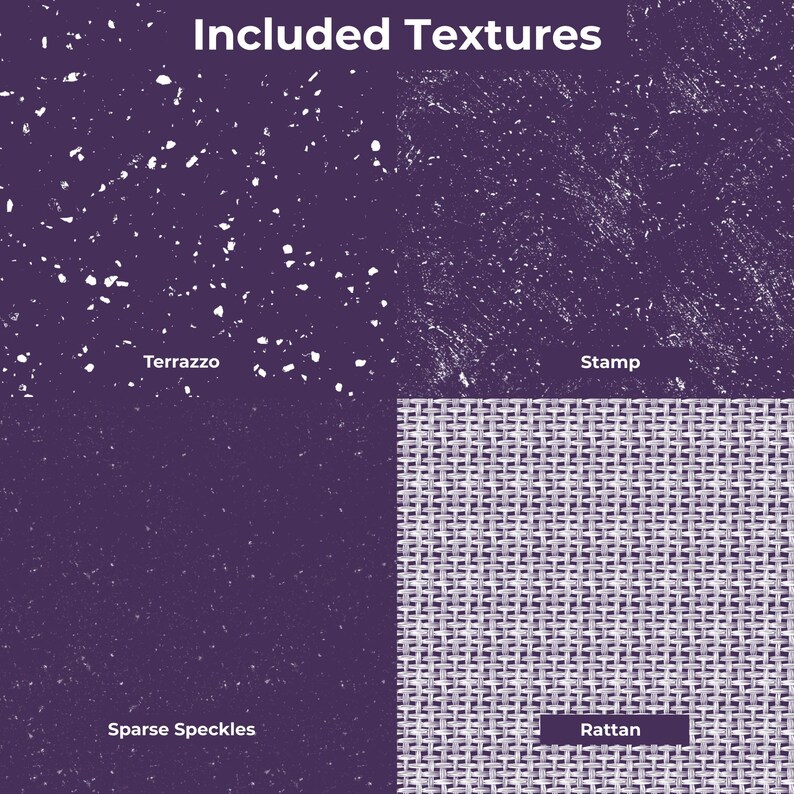 Puede incluir: Un gr&aacute;fico digital titulado Included Textures que muestra cuatro patrones distintos sobre un fondo morado oscuro: Terrazzo con motas blancas, Stamp con marcas blancas desgastadas, Sparse Speckles con puntos finos y una textura de Rattan tejida.