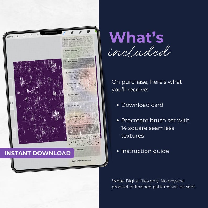 Puede incluir: Una pantalla de tableta digital muestra una interfaz de Procreate con un gr&aacute;fico texturizado morado y una lista de 14 texturas sin costuras. El texto dice: What's included, On purchase, here's what you'll receive, Download card, Procreate brush set, Instruction guide, INSTANT DOWNLOAD.