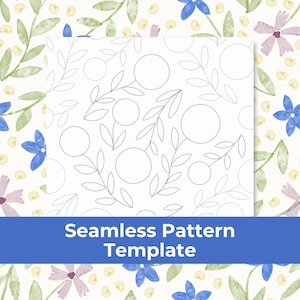 May include: A white seamless pattern template with a dotted outline design of circles and leaves. The background features watercolor flowers in blue and purple, with green leaves. The text "Seamless Pattern Template" is in a blue banner.
