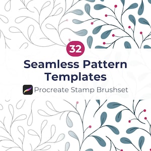 May include: A digital graphic featuring 32 Seamless Pattern Templates Procreate Stamp Brushset text. The design displays botanical motifs with dotted outlines and solid blue leaves with small pink berries on a white background.