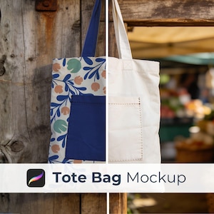 May include: A split image of two tote bags. One has a blue pocket and a floral design with blue, peach, and green details. The other is a plain off-white tote with a pocket. The text "Tote Bag Mockup" is at the bottom.