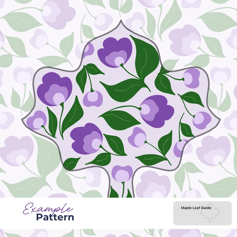 K&ouml;nnte beinhalten: Eine grafische Illustration mit einer grau umrandeten Ahornblattform, gef&uuml;llt mit einem Muster aus violetten Blumen und dunkelgr&uuml;nen Bl&auml;ttern auf hellviolettem Grund. Der Text Example Pattern erscheint in der unteren linken Ecke.