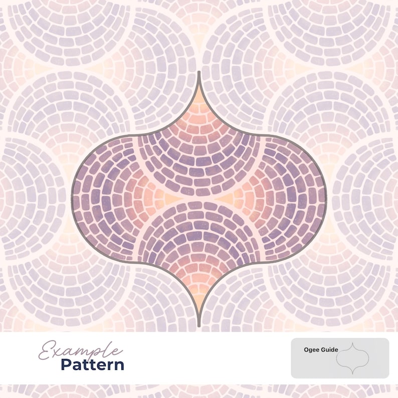K&ouml;nnte beinhalten: Ein sich wiederholendes Ogee-Muster mit einem Mosaik aus kleinen, geschwungenen Kacheln in sanften Lavendel-, Hellrosa- und Cremet&ouml;nen. Das Design enth&auml;lt eine hervorgehobene zentrale Ogee-Form mit dunkler Umrandung sowie den Text Example Pattern und Ogee Guide.