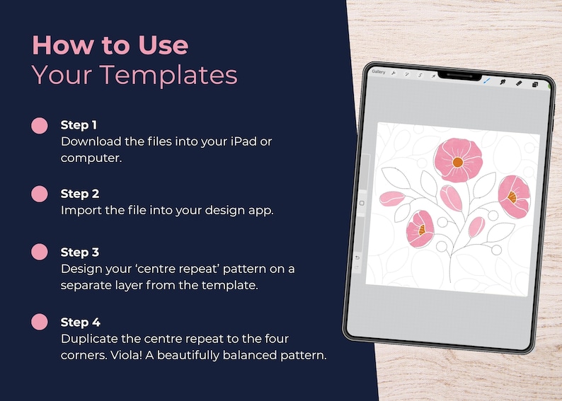 Peut inclure: Une tablette num&eacute;rique affiche un motif floral avec des fleurs roses et des feuilles vertes. L'&eacute;cran montre une interface d'application de conception. Le texte &agrave; gauche indique "Comment utiliser vos mod&egrave;les" et fournit des instructions.