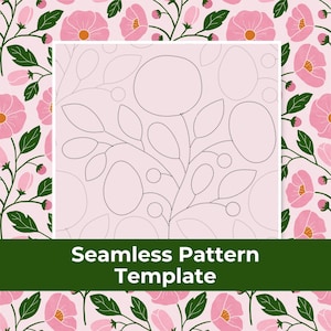 Peut inclure: Un modèle de motif sans couture avec un design floral. Le fond présente des fleurs roses et des feuilles vertes. Le motif central est un contour pointillé de feuilles et de formes ovales sur un fond rose clair. Le texte "Seamless Pattern Template" est dans une bannière verte.