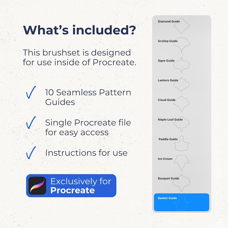 K&ouml;nnte beinhalten: Ein digitales Pinselset f&uuml;r Procreate mit 10 nahtlosen Musterf&uuml;hrungen, darunter Diamond, Scallop, Ogee, Lantern, Cloud, Maple Leaf, Paddle, Ice Cream, Bouquet und Basket, inklusive einer einzelnen Datei und Anleitungen.