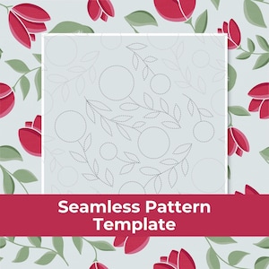 May include: A seamless pattern template with a floral design. The background features red flowers and green leaves on a light blue backdrop. The central design is a dotted outline of leaves and circles. The text "Seamless Pattern Template" is in a red banner.