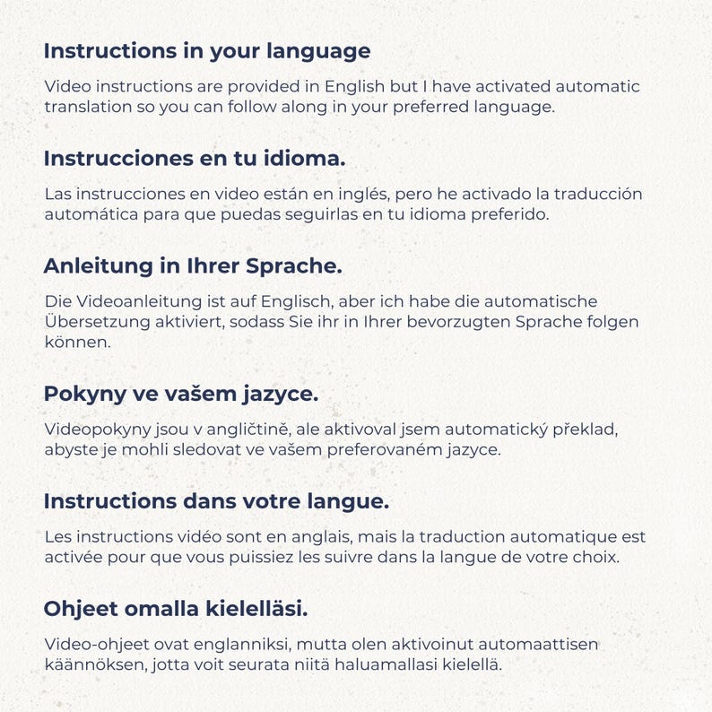 May include: A white informational document featuring text in multiple languages, including English, Spanish, German, Czech, French, and Finnish, explaining that video instructions are in English with automatic translation enabled for user convenience.