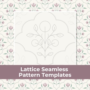Peut inclure: Un graphique numérique présentant un panneau carré central avec le contour pointillé d'un motif floral sur fond crème. La zone environnante affiche un motif répétitif de fleurs rose pâle et de feuilles vertes. Le texte indique Lattice Seamless Pattern Templates.