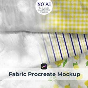May include: A fabric mockup featuring three distinct patterns: a yellow and white gingham check, a pattern of thin vertical navy blue and yellow stripes, and a white fabric printed with yellow lemons and green leaves. The text reads Fabric Procreate Mockup.
