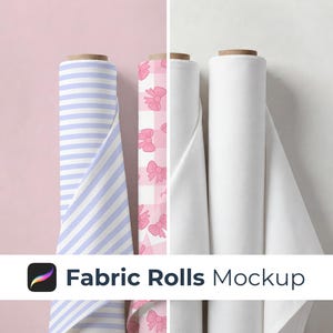 May include: Fabric rolls mockup featuring various fabric patterns. The rolls include blue and white striped fabric, pink gingham with bows, and solid white fabric. The image has a pink and white background.