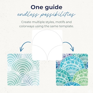 K&ouml;nnte beinhalten: Eine Designvorlage mit dem Text One guide endless possibilities. Create multiple styles, motifs and colorways using the same template. Eine zentrale wei&szlig;e Bogenform wird von zwei quadratischen Mustern mit blau-gr&uuml;nen F&auml;chermotiven flankiert.