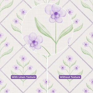 Puede incluir: Un patr&oacute;n repetitivo de flores de acuarela moradas con tallos y hojas verdes encerradas en finos contornos de diamantes morados. La imagen presenta un recuadro circular que muestra una vista ampliada del dise&ntilde;o floral, con las etiquetas With Linen Texture y Without Texture.