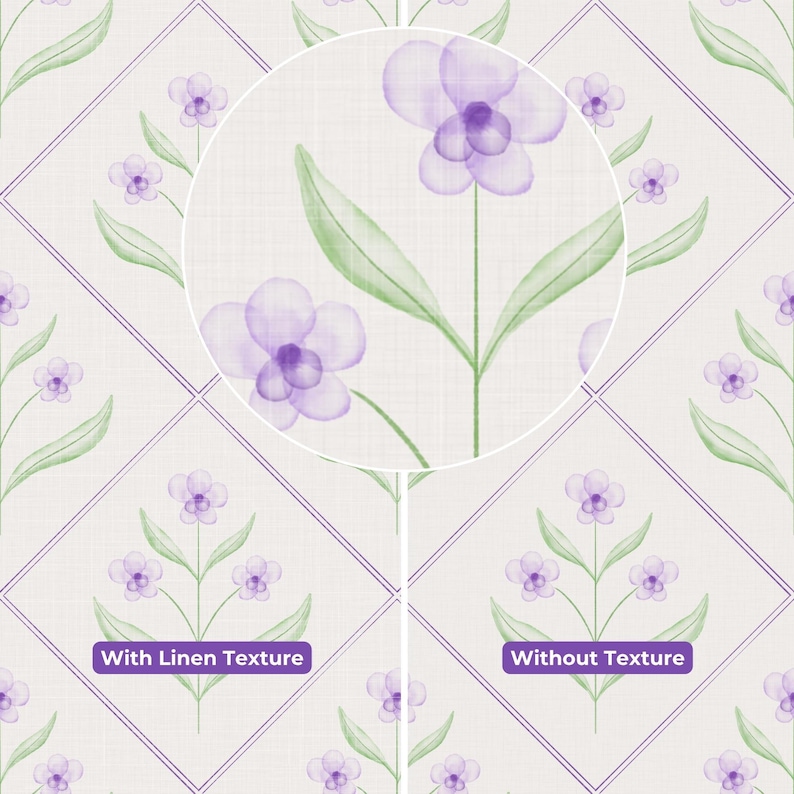 Puede incluir: Un patr&oacute;n repetitivo de flores de acuarela moradas con tallos y hojas verdes encerradas en finos contornos de diamantes morados. La imagen presenta un recuadro circular que muestra una vista ampliada del dise&ntilde;o floral, con las etiquetas With Linen Texture y Without Texture.