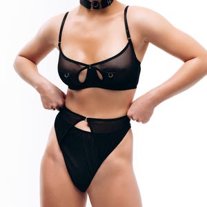 Mesh bra thong set Black: Removable Piercing Bra and Sheer Soft Thong Two Piece Lingerie