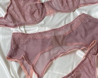Luxury Lingerie Set Pink Lace Mesh: Pale Rose Garter Belt Adjustable XXS-XXL Delicate Intimate Wear