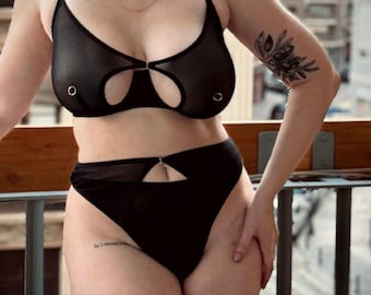 Netz Dessous Set Schwarz Schiere Spitze, Abnehmbarer Piercing, Handgefertigte Riemchen Gothic Unterwäsche