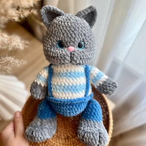 Handmade Plush Gray Cat in Overalls – Soft Crochet Toy Gift for Kids & Cat Lovers , Snuggler Cat , Amigurumi Cat , Stuffed Plushies