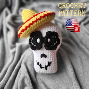 Crochet Skull with Sombrero PDF Pattern - Amigurumi Crochet Pattern , Halloween Crochet Pattern , Amigurumi Skull , Instant Download
