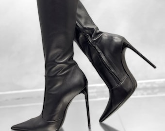 1969 Made in Italy Nappaleder High Heels Kultige Vintage Spitzen Stiefel Z68 Schwarz 35-45