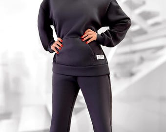 2-teiliges Lounge-Set, Übergroßer-Pullover-Hose mit weitem Bein, Trainingsanzug-Jogger-Set, Gemütlicher Herbst-Winter-Sweatsuit Minimalistisches Outfit Warmes Dickes Schwarz