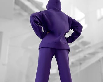 2 Piece Lounge Set, Oversized Pullover Wide Leg Pants, Tracksuit Jogger Set, Cozy Fall Winter Sweat Suit Minimalist Outfit Warm Thick Viola