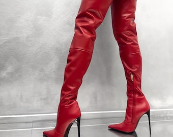 1969 Made in Italy Overknee Lederstiefel Z25-2 LX Extreme Spitze Stil Rot