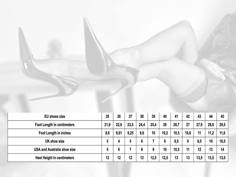 May include: Black patent leather stiletto heels with a pointed toe. The image includes a shoe size chart with measurements in inches and centimeters. Heel height is 12-13.5 cm, or 4.7-5.3 inches.